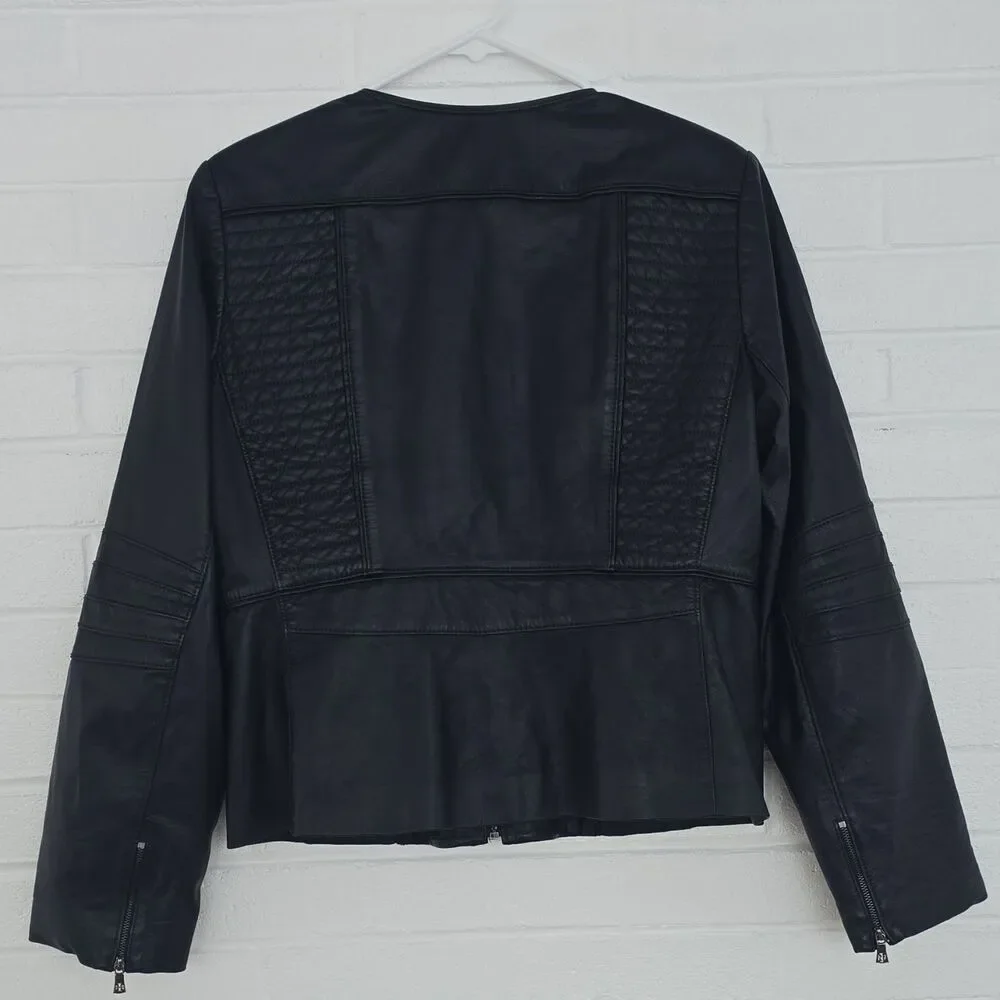 Tory Burch Leather Biker Jacket Cropped Navy Size 14